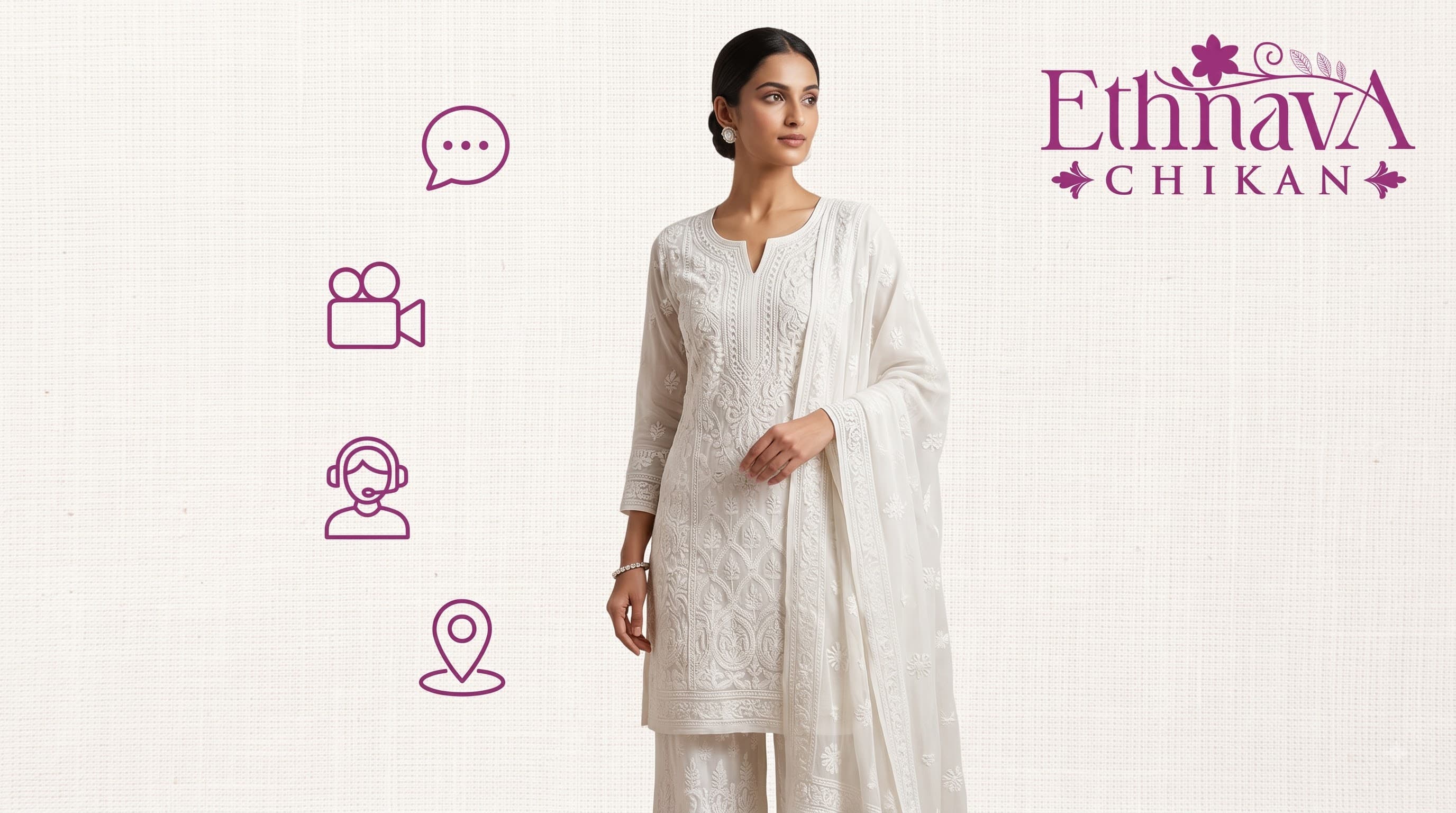 A chikankari stylist ready to help over WhatsApp, video call, phone, or in store