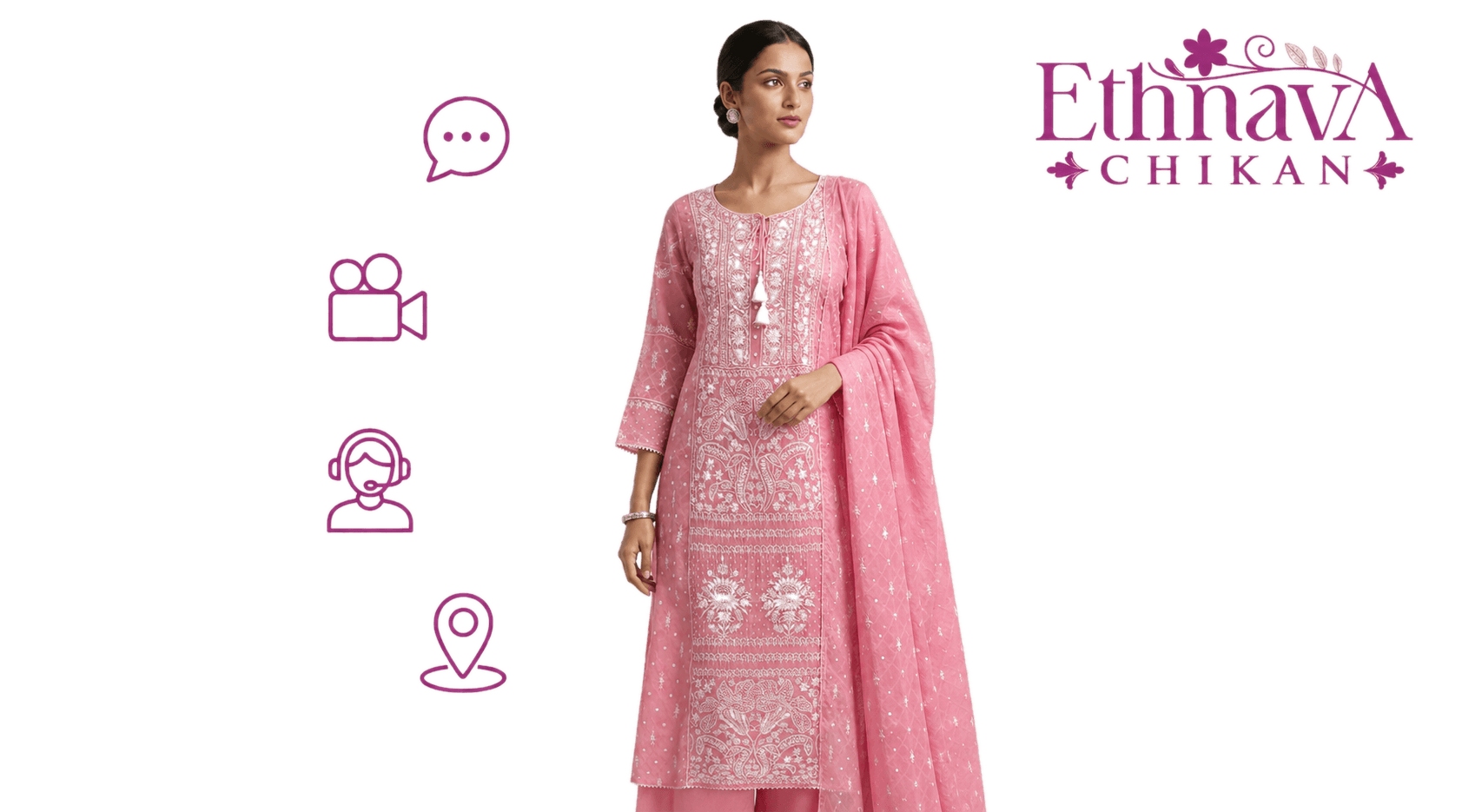 A chikankari stylist ready to help over WhatsApp, video call, phone, or in store
