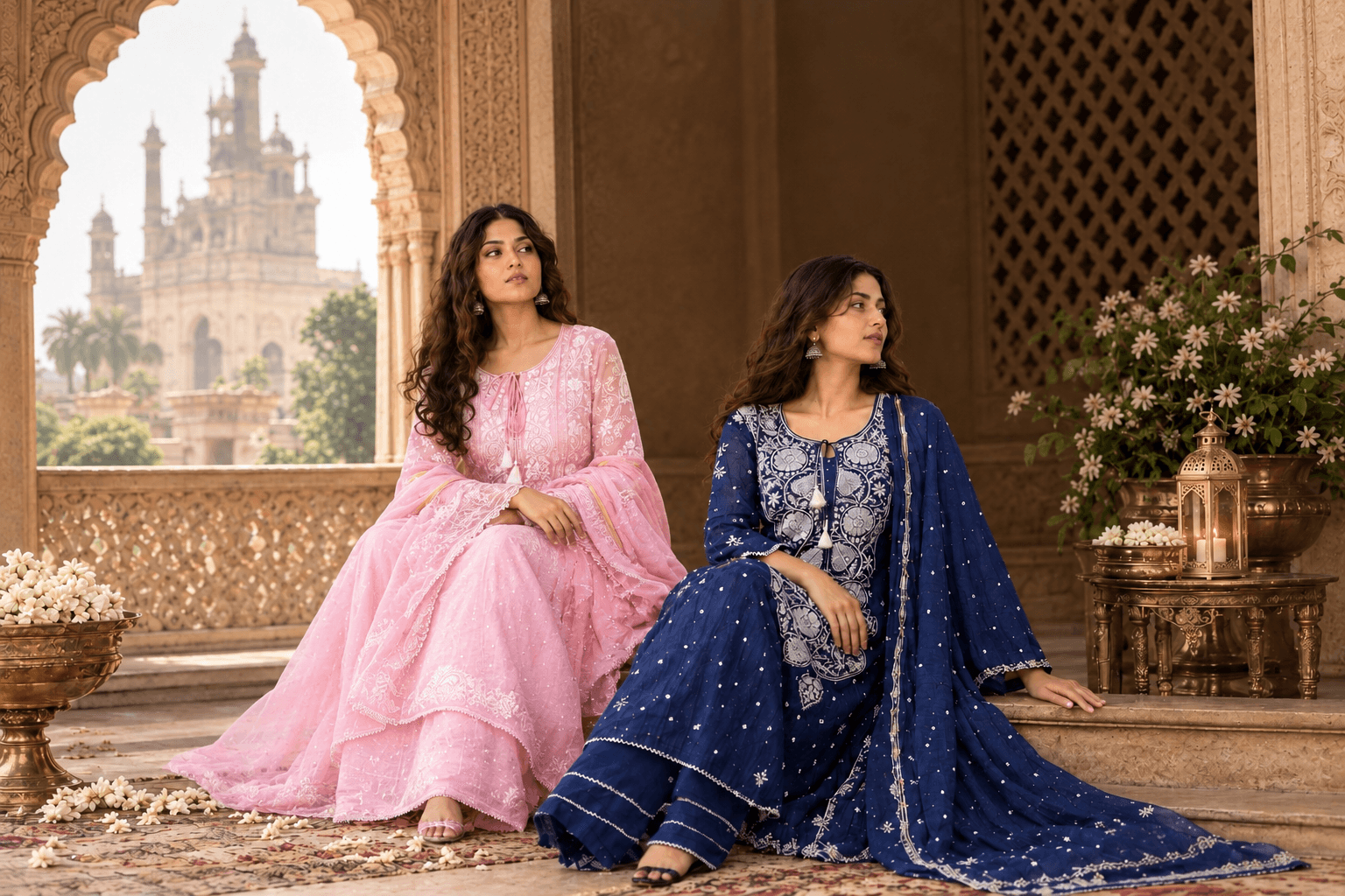 Two friends in hand-embroidered chikankari kurta sets by a palace archway